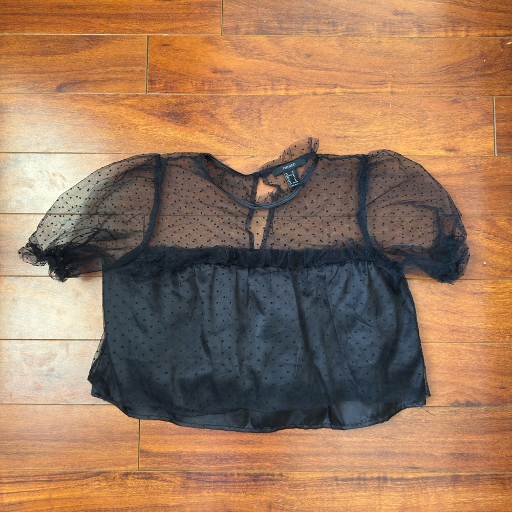 Forever 21 Black Sheer Dot Puff Sleeve Crop Blouse